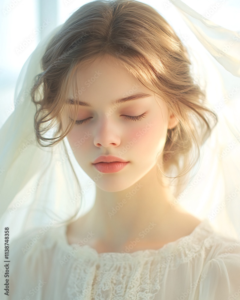 Elegant Portrait of Serene Young Woman in Soft Light and Flowing Dress Elegant Portrait of Serene Young Woman in Soft Light and Flowing Dress