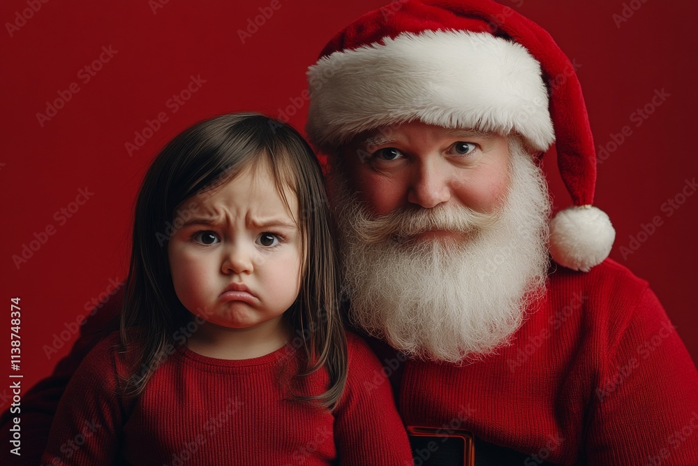 Lively yuletide, gorgeous toddler girl! copy space. Isolated white toddler girl in holiday lap on red background. Kid sitting on red. Cute lap santa. Santa lap photo idea. Kid santa photo ide.