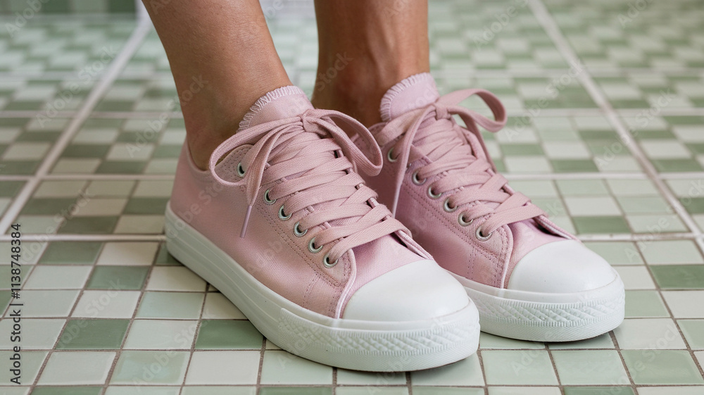 Pink Canvas Sneakers on Green Tile Floor Pink Canvas Sneakers on Green Tile Floor