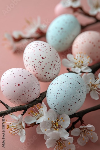 Decorative vase with cherry blossoms and pastel eggs on a window sill during ...