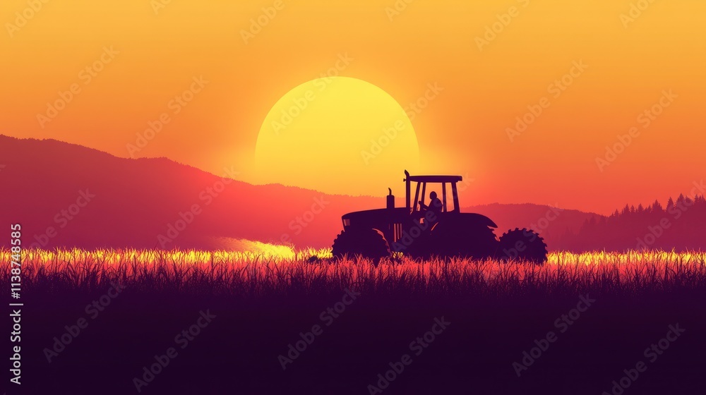 Silhouette of a tractor working in a field at sunset. Silhouette of a tractor working in a field at sunset.