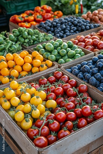 Colorful market display of fresh fruits and vegetables on a sunny day