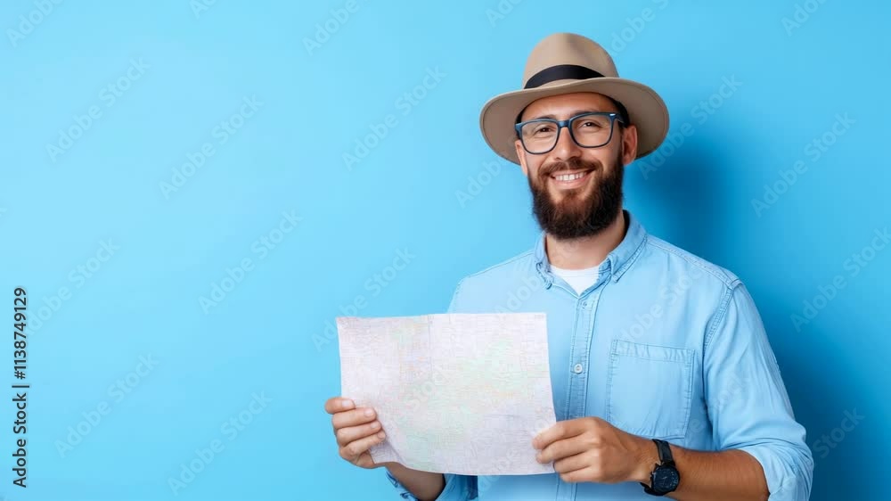 Smiling Traveler Holding Map in Front of Blue Background Footage Smiling Traveler Holding Map in Front of Blue Background Footage