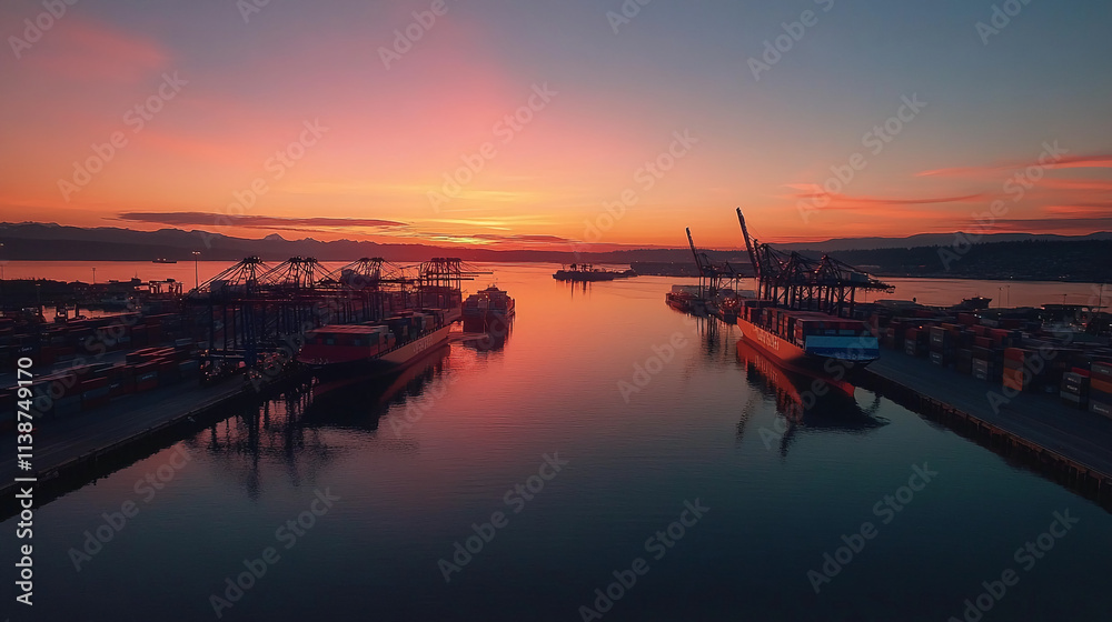 Sunset over the harbor with ships and cranes silhouetted against a colorful sky Sunset over the harbor with ships and cranes silhouetted against a colorful sky