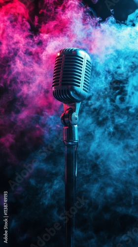 Vintage microphone surrounded by colorful smoke at a music event in an intima...