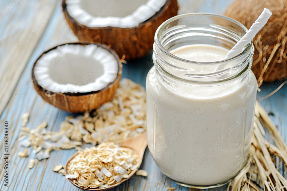 Refreshing coconut milk smoothie in a glass jar Refreshing coconut milk smoothie in a glass jar