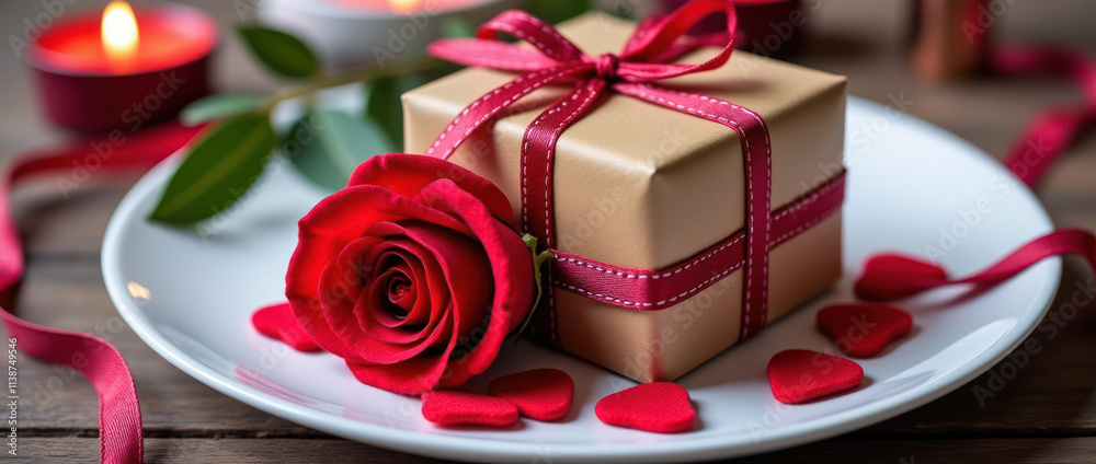 Unique Craft Paper Gift Wrapped in Red Ribbon With Rose Petals on a Plate Unique Craft Paper Gift Wrapped in Red Ribbon With Rose Petals on a Plate