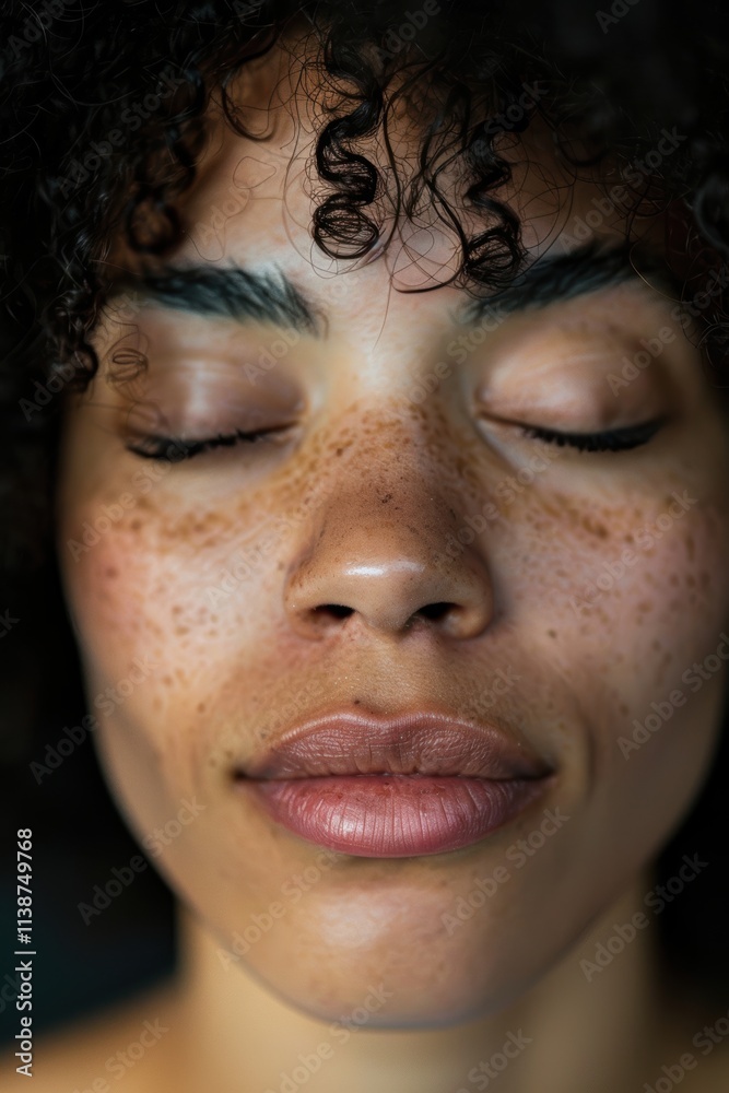 Mindfulness Meditation Close-Up: Peaceful Reflection on Serene Facial Features Mindfulness Meditation Close-Up: Peaceful Reflection on Serene Facial Features