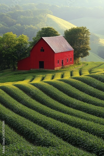 Red barn surrounded by lush green fields in a rural landscape during daytime