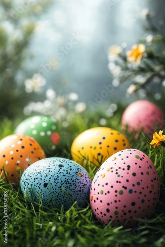 Colorful decorated eggs spread across green grass during a spring celebration