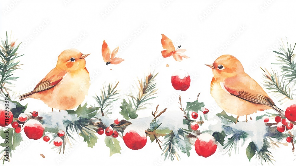 Fototapeta premium Winter Wonderland: Watercolor Robins and Festive Berries