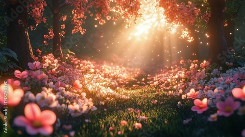 Golden leaves shimmer in a twilight forest with sparkling lights and blurred ...
