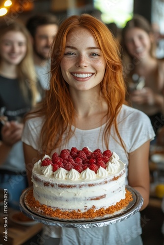 Happy birthday celebration with a smiling girl holding a decorated cake surro...