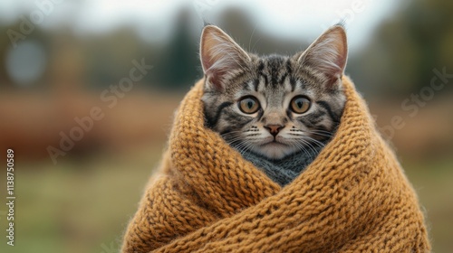 Cute kitten wrapped in colorful scarf indoors during winter season