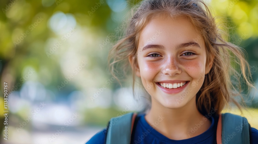 A young girl with a backpack is smiling in a park with sunlight filtering through the trees in the background, embodying themes of youth, happiness, and nature. A young girl with a backpack is smiling in a park with sunlight filtering through the trees in the background, embodying themes of youth, happiness, and nature.