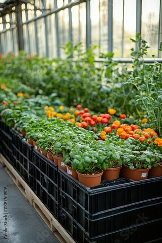 Vibrant potted plants in a greenhouse filled with greenery and colorful blooms