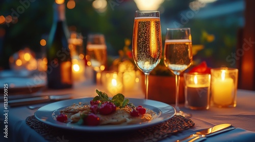 Dinner setting with sparkling drinks and gourmet meal during golden hour at o...