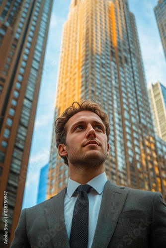 Business professional stands confidently among skyscrapers at dusk in a vibra...
