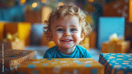 Happy toddler playing with a gift surrounded by warm festive lights in a cozy...