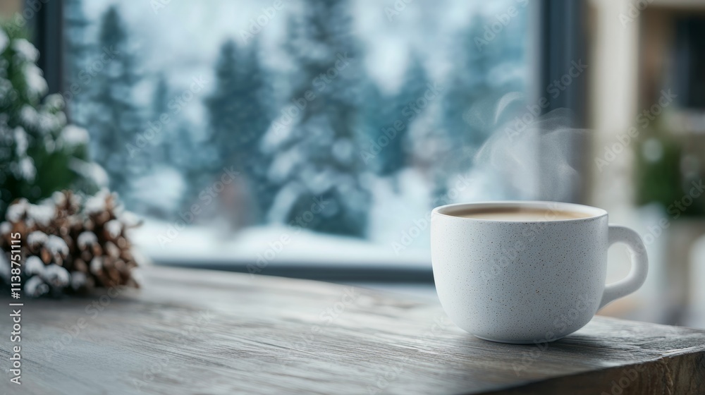 A steaming cup of coffee sits on a wooden table by a window, showcasing a view of a beautiful snowy forest outside, evoking warmth and coziness inside. A steaming cup of coffee sits on a wooden table by a window, showcasing a view of a beautiful snowy forest outside, evoking warmth and coziness inside.