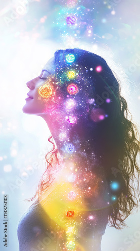 A serene woman reveals all chakras in a celestial universe, surrounded by soft light and spiritual energy. Perfect for art spirituality and meditation designs.