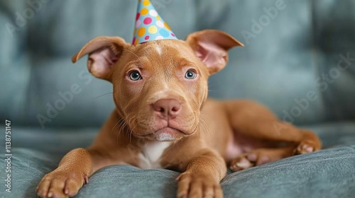 Happy dog celebrating birthday with festive hat next to wrapped present