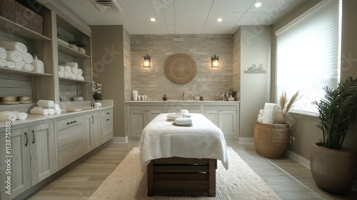 Spa room with natural light and tropical plants creating a serene atmosphere ...