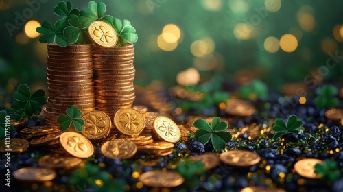 Stacked gold coins and clovers create a festive atmosphere for celebration