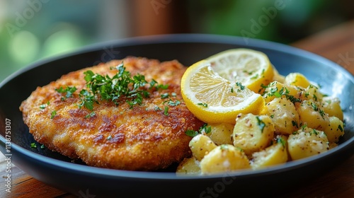 Deliciously crispy fried chicken served with lemon and seasoned potatoes on a...