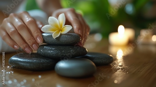 Relaxing spa treatment featuring smooth stones and a flower at a wellness center