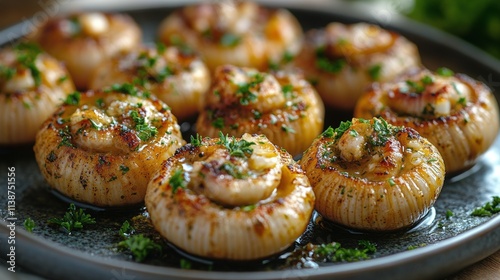 Savory garlic butter stuffed mushrooms served on a white plate