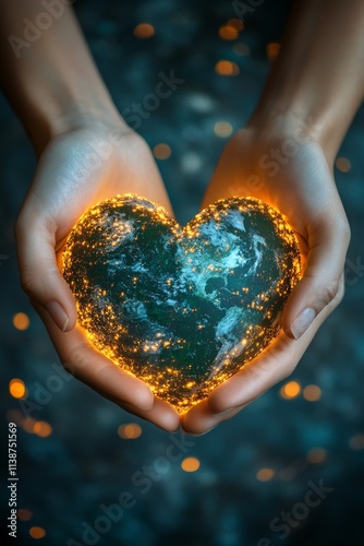 Heart shaped globe surrounded by green energy represents love for the planet
