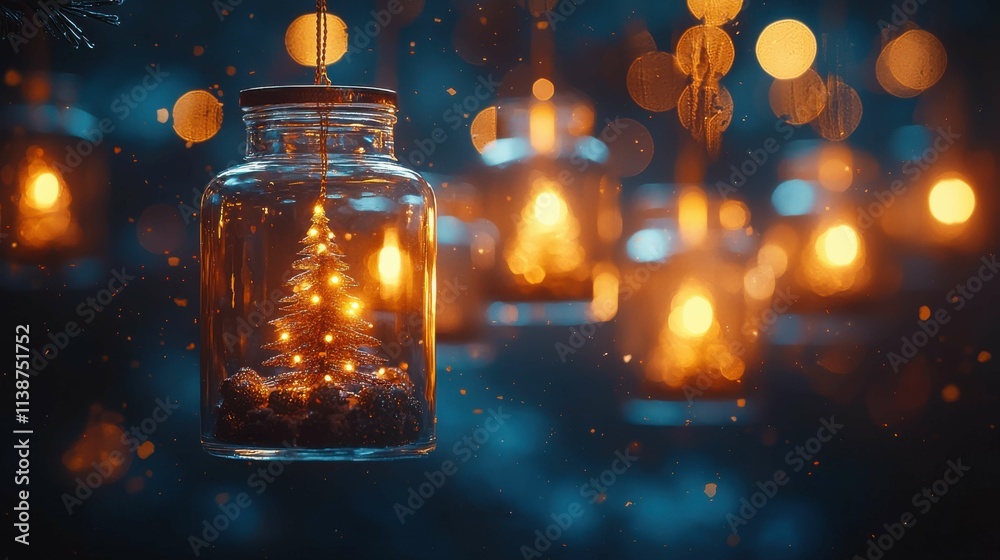 A beautifully lit glass jar with a miniature Christmas tree inside, surrounded by warm glowing lights creating a festive atmosphere. A beautifully lit glass jar with a miniature Christmas tree inside, surrounded by warm glowing lights creating a festive atmosphere.