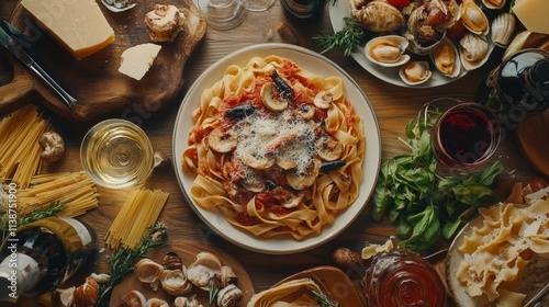 Italian feast with pasta, mushrooms, clams, cheese, wine and other ingredients.