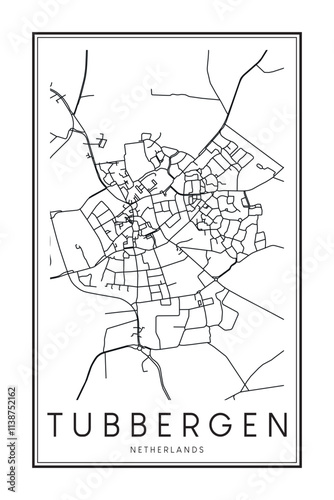 Printable downtown road map poster of the Dutch city of TUBBERGEN on solid white background with city name photo