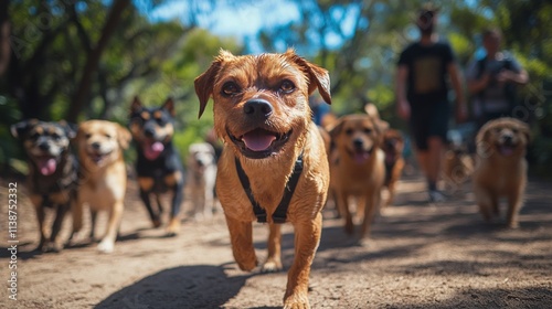 Young woman caring for a group of cheerful dogs in a sunny park setting durin...