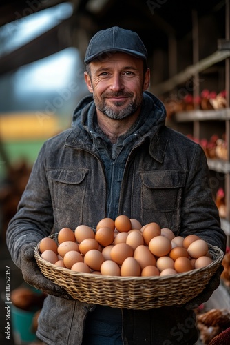 Elderly man holding a basket of fresh eggs at a farm in the countryside