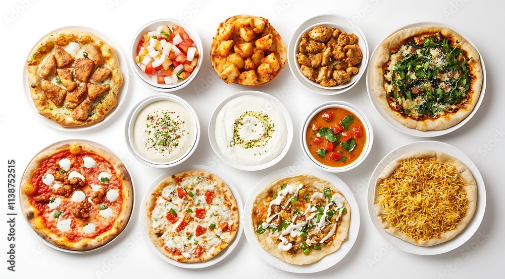 A top view of various Indian dishes including hummus, pizza, chicken biryani, and samosa placed neatly on a white background