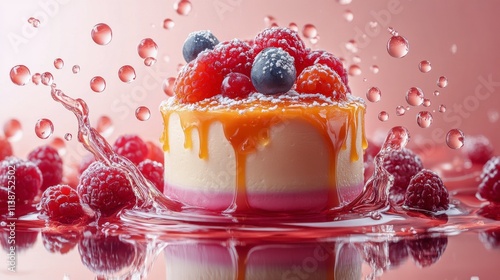 Decadent dessert topped with fresh berries set on a wooden table