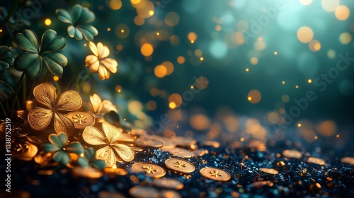 Stacked gold coins and clovers create a festive atmosphere for celebration
