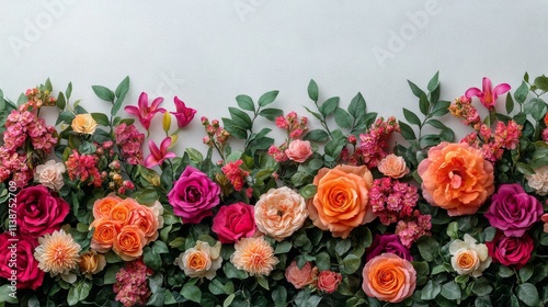 Vibrant floral arrangement showcasing red roses and pink blooms on a soft bac...
