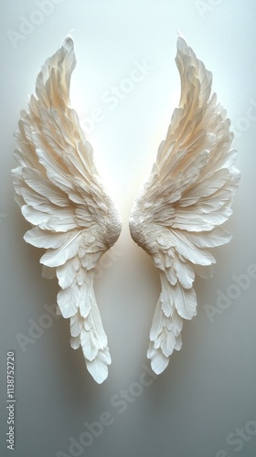Beautiful white angel wings sculpture created from delicate materials on a ne...
