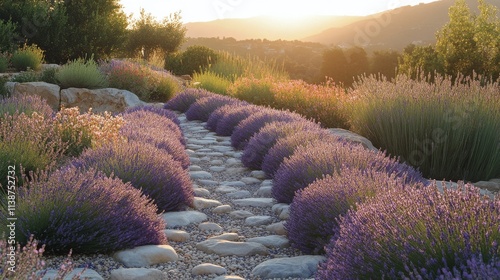 Expansive lavender garden lining a scenic stone pathway in bright daylight