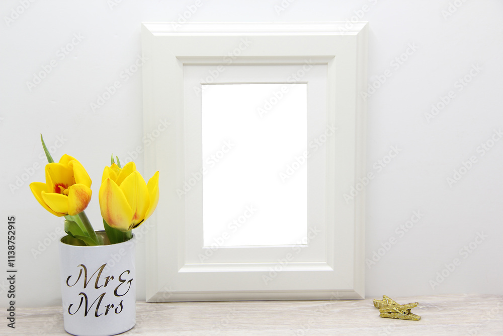 yellow tulips, white background mock up for your design. yellow tulips, white background mock up for your design.
