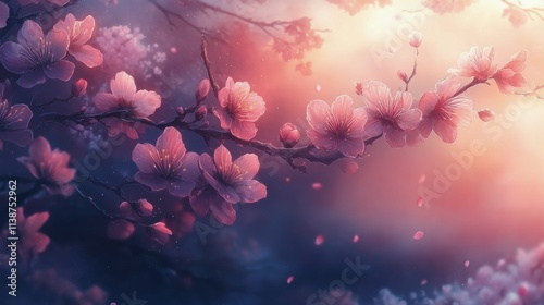 Beautiful cherry blossoms in soft light during springtime in a tranquil garde...