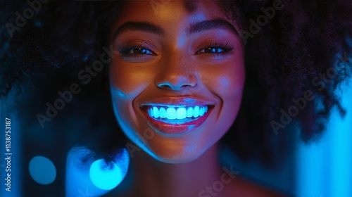 Bright smile of a woman with futuristic glasses in a vibrant urban setting at...