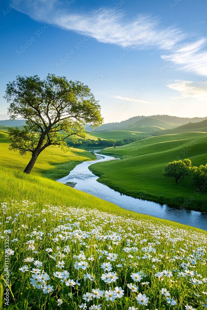 Obraz premium Rolling Hills and Tranquil River Under a Clear Blue Sky with Blossoms