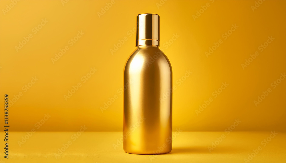 Stylish gold bottle against bright yellow background. Minimalist design. Mock-up. Close-up. Stylish gold bottle against bright yellow background. Minimalist design. Mock-up. Close-up.