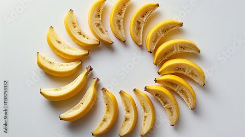 Banana halves arranged in a circular pattern, minimalistic food composition, top view of fresh ripe bananas, creative fruit presentation, white background, high-resolution photo

