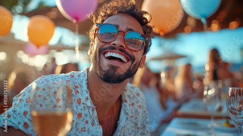 Joyful celebration at sunset with friends surrounded by colorful balloons